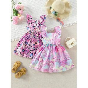 2 Girls Ruffle Trim Heart Print & Colorful Printed Dress Set Sleeveless Sundress